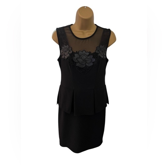 Bisou Bisou Lace Peplum Sheath Dress Mesh Party Cocktail Black 4 - Picture 1 of 5